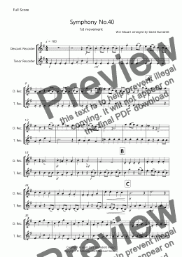 page one of Symphony No.40 (1st movement) for Descant and Tenor Recorder Duet