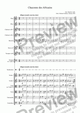 page one of Lully - Chaconne des Africains (Arr for Orchestra with Modern Wind, Horn, Trumpet and Percussion)