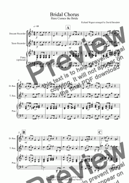 page one of Bridal Chorus "Here Comes The Bride" for Descant and Tenor Recorder Duet