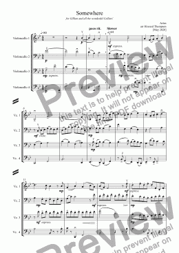 page one of Somewhere for cello quartet