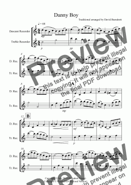 page one of Danny Boy for Descant and Treble Recorder Duet