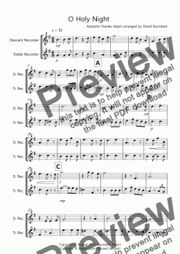 page one of O Holy Night for Descant and Treble Recorder Duet