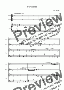 page one of Barcarolle" Original For Violin Duet and Piano.