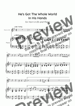 page one of He's Got The Whole World in His Hands for Horn in Eb and Piano