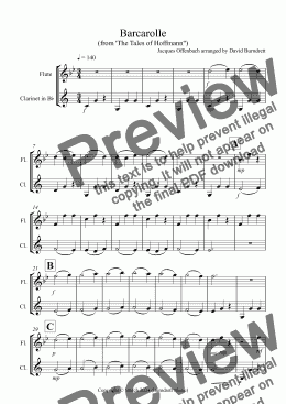 page one of Barcarolle "The Tales of Hoffmann" for Flute and Clarinet Duet