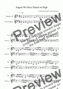 page one of Angels We Have Heard on High for Trumpet and Alto Saxophone Duet