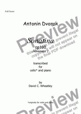 page one of Dvorak - Sonatina op 100 mvt 2 transcribed for cello and piano by David C Wheatley