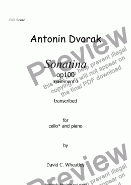 page one of Dvorak - Sonatina op 100 mvt 3 transcribed for cello and piano by David C Wheatley