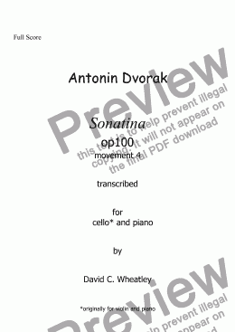 page one of Dvorak - Sonatina op 100 mvt 4 transcribed for cello and piano by David C Wheatley