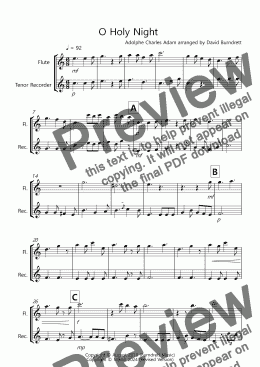 page one of O Holy Night for Flute and Recorder Duet