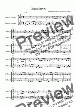 page one of Greensleeves for Descant Recorder Duet