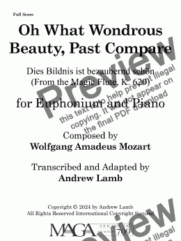 page one of Wolfgang Amadeus Mozart | Oh What Wondrous Beauty, Past Compare | for Euphonium and Piano