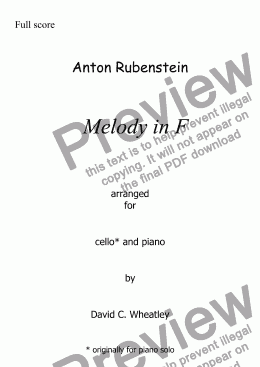 page one of Rubenstein - Melody in F arranged for cello and piano by David C Wheatley