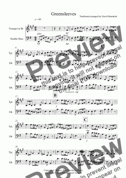 page one of Greensleeves for Trumpet and Double Bass Duet