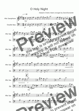 page one of O Holy Night for Alto Saxophone and Double Bass Duet