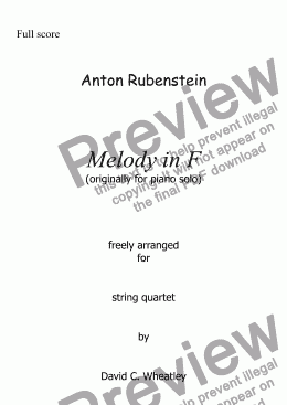 page one of Rubenstein - Melody in F arranged for string quartet by David C Wheatley