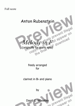 page one of Rubenstein - Melody in F arranged for Bb clarinet and piano by David C Wheatley