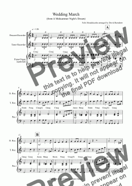 page one of Wedding March (from Midsummer Night's Dream) for Descant and Tenor Recorder Duet