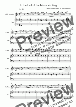 page one of In the Hall of the Mountain King for Treble Recorder and Piano