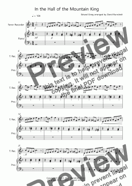 page one of In the Hall of the Mountain King for Tenor Recorder and Piano