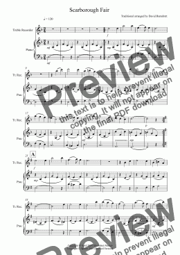 page one of Scarborough Fair for Treble Recorder and Piano