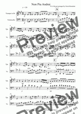 page one of Non Piu Andrai for Trumpet and Cello Duet