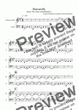 page one of Barcarolle "The Tales of Hoffmann" for Clarinet and Cello Duet