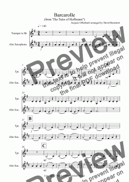 page one of Barcarolle "The Tales of Hoffmann" for Trumpet and Alto Saxophone Duet