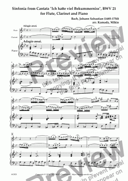 page one of Sinfonia from Cantata "Ich hatte viel Bekummerniss", BWV 21  for Flute, Clarinet and Piano