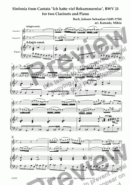 page one of Sinfonia from Cantata "Ich hatte viel Bekummerniss", BWV 21  for two Clarinets and Piano