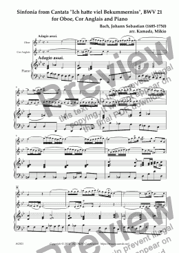 page one of Sinfonia from Cantata "Ich hatte viel Bekummerniss", BWV 21  for Oboe, Cor Anglais and Piano