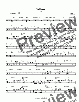 page one of Yellow - Coldplay CELLO - Key of Bb LEADSHEET