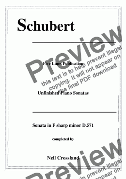 page one of Schubert Piano Sonata in F sharp D.571 completed by Neil Crossland