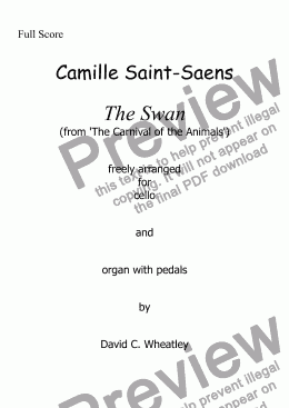 page one of The Swan (Saint-Saens) arranged for cello and organ with pedals by David C Wheatley