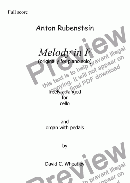 page one of Rubenstein - Melody in F arranged for cello and organ with pedals by David C Wheatley