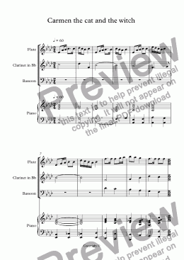 page one of Carmen the cat and the witch I For Flute, Clarinet, Bassoon and Piano- score and parts