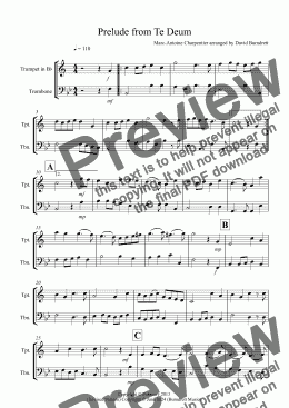 page one of Prelude from Te Deum for Trumpet and Trombone Duet