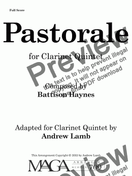 page one of Battison Haynes | Pastorale | for Clarinet Quintet