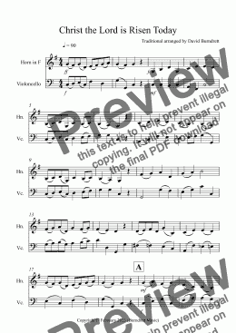 page one of Christ the Lord is Risen Today for Horn and Cello Duet