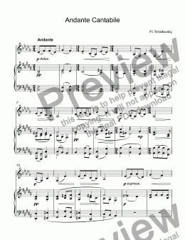 page one of Tchaikovsky, Pyotr - Andante Cantabile for 4-valves flugelhorn Bb & piano in B major original key