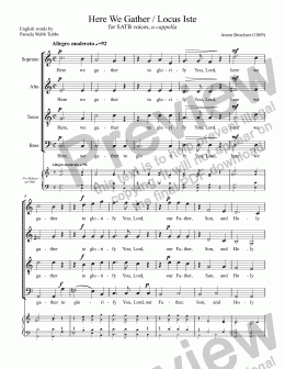 page one of Locus Iste / Here We Gather [BRUCKNER], sacred motet arr. for SATB a cappella voices with English words by Pamela Webb Tubbs