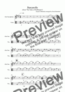 page one of Barcarolle "The Tales of Hoffmann" for Alto Saxophone and Viola Duet