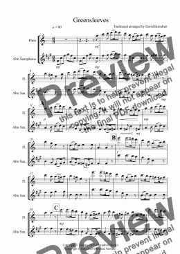 page one of Greensleeves for Flute and Alto Saxophone Duet