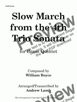 page one of William Boyce | Slow March (from the Fourth Trio Sonata) | for Brass Quintet