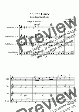 page one of Anitra's Dance - Clarinet Quartet