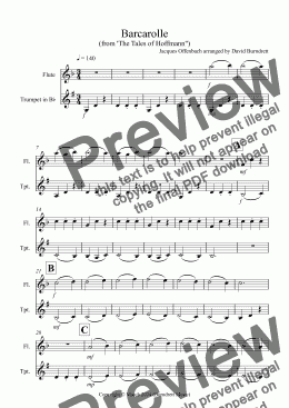 page one of Barcarolle "The Tales of Hoffmann" for Flute and Trumpet Duet