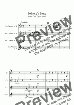 page one of Solveig's Song (Peer Gynt) - Clarinet Quartet