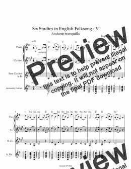 page one of Six Studies in English Folksong - #5 - Quartet violin, clarinet, bass clarinet and guitar