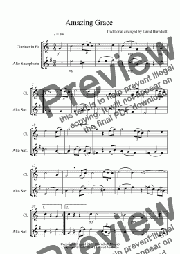 page one of Amazing Grace for Clarinet and Alto Saxophone Duet