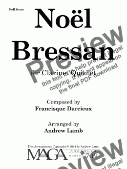 page one of Francisque Darcieux | Noël Bressan | for Clarinet Quintet